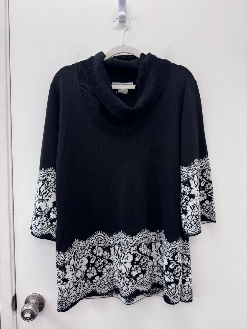 Black Cowl Neck Sweater with White Lace knit Border Size XL fits like Large